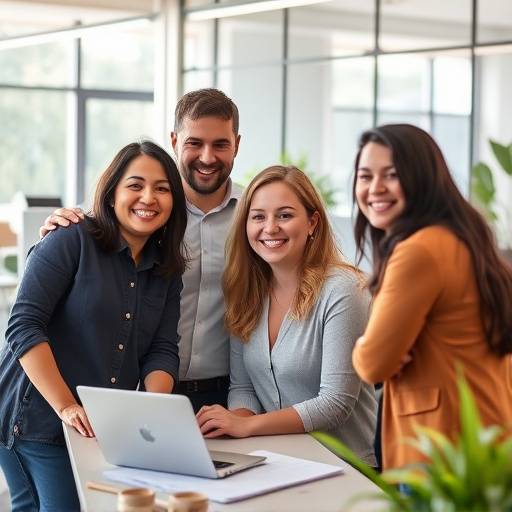 A group photo of the Aurora Studios Team, smiling and collaborating in their office