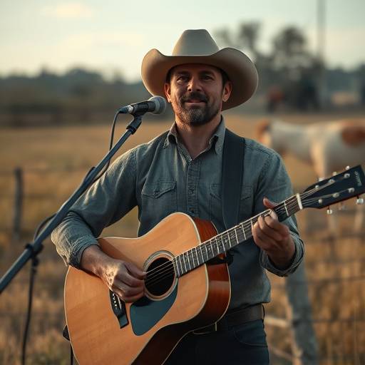 Image from a country music video showing a singer in a rural setting