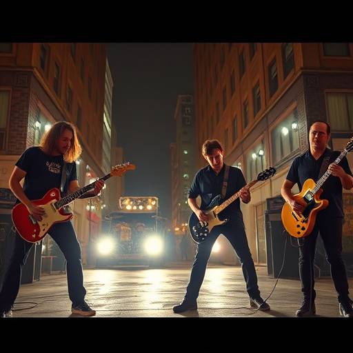 Scene from a music video with a rock band performing in an urban setting